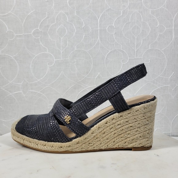 Lauren Ralph Lauren Penelopie Espadrille Wedge Sandals Womens 8 Blue Leather - Picture 1 of 14